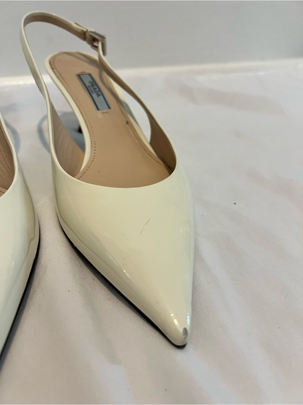 PRADA Ivory Patent Leather Pointed Toe Heels, Size 7 - Picture 5 of 8